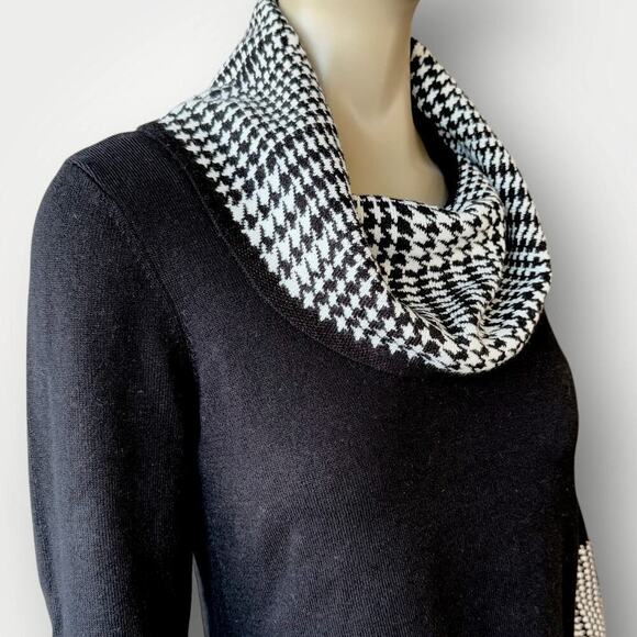 Jessica Howard Cowl Neck 3/4 Sleeves Knit Sweater Dress Size M Black Houndstooth - Picture 7 of 14